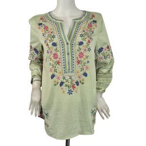 John Mark Women's Size S  Green Floral Embroidered Multi Tunic Bell Sleeve (53)
